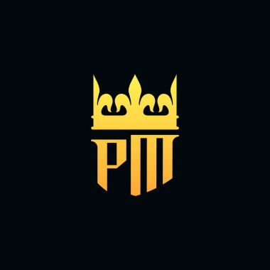 Baş harfler PM logosu amblem stili ve taç. Vektör illüstrasyonu