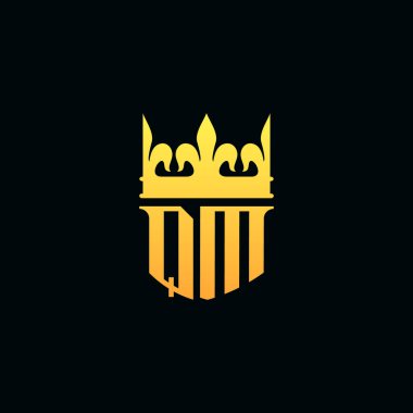 Baş harfler QM logo amblem tarzı ve taç. Vektör illüstrasyonu