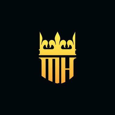 Baş harfler MH logosu amblem stili ve taç. Vektör illüstrasyonu