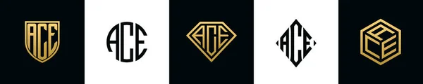 最初的字母Ace标志设计Bundle 这一套包括盾牌 四舍五入 两个钻石和六角形 — 图库矢量图片