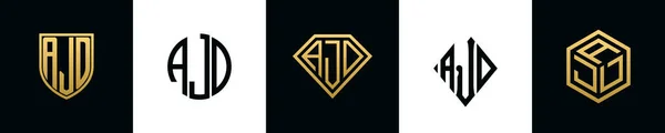 最初的字母Ajd标志设计Bundle 这一套包括盾牌 四舍五入 两个钻石和六角形 — 图库矢量图片