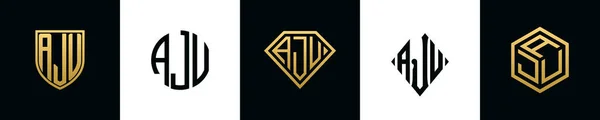 最初的字母Aju标志设计Bundle 这一套包括盾牌 四舍五入 两个钻石和六角形 — 图库矢量图片