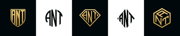 Letras Iniciais Ant Logo Designs Bundle Este Conjunto Incluiu Escudo — Vetor de Stock