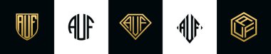 İlk harfler AUF logosu Bundle dizayn eder. Bu set Shield, Rounded, iki Diamond ve Hexgon stili içeriyordu.