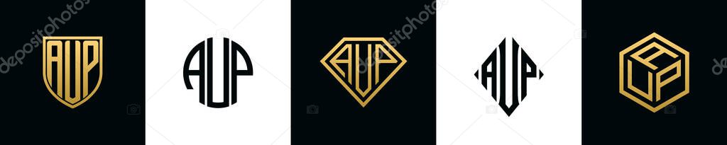 Initial letters AUP logo designs Bundle. This set included Shield, Rounded, two Diamond and Hexgon style