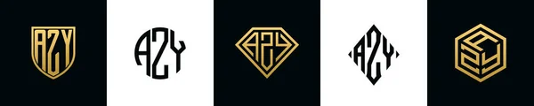 首字母Azy标志设计Bundle 这一套包括盾牌 四舍五入 两个钻石和六角形 — 图库矢量图片