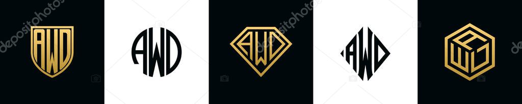 Initial letters AWD logo designs Bundle. This set included Shield, Rounded, two Diamond and Hexgon style