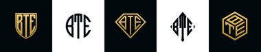 İlk harfler BTE logosu Bundle dizayn eder. Bu set Shield, Rounded, iki Diamond ve Hexgon stili içeriyordu.
