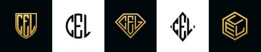 İlk harfler CEL logosu Bundle dizayn ediyor. Bu set Shield, Rounded, iki Diamond ve Hexgon stili içeriyordu.
