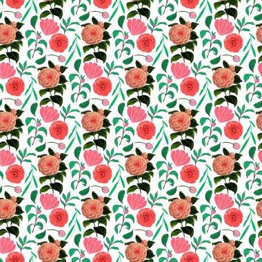 Tomurcuklu Kamelya Çiçeği & Yaprağı Kusursuz Desen Tasarımı