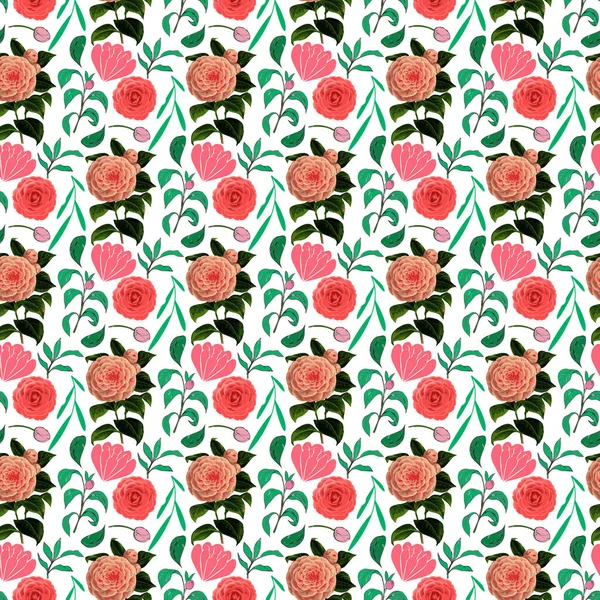 Camellia Flower Leaf Buds Seamless Pattern Design — 图库矢量图片