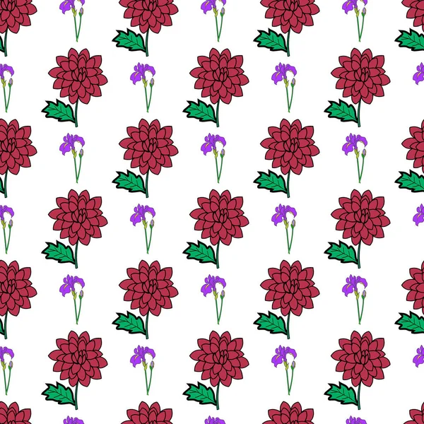 Crisantemo Iris Flower Mix Senza Soluzione Continuità Pattern Design — Vettoriale Stock