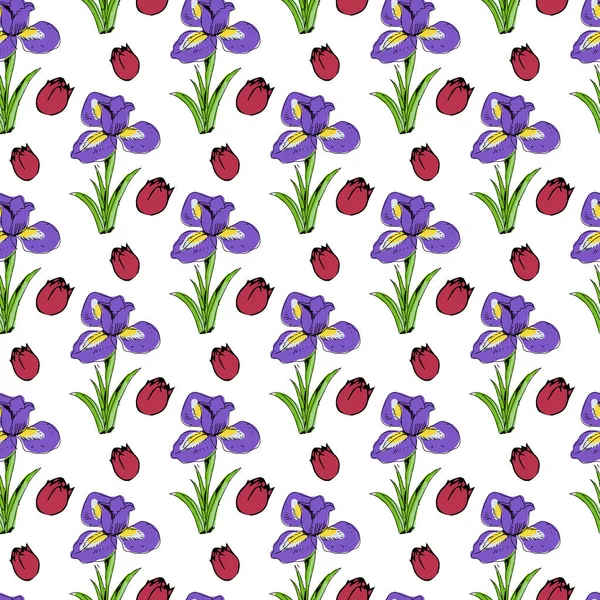 Flor Crisantemo Iris Con Diseño Patrón Inconsútil Mezcla Hojas — Vector de stock