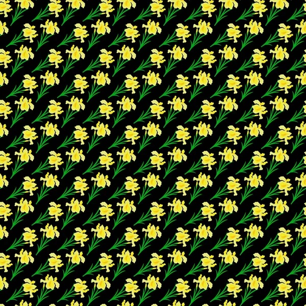 Iris Flower Black Background Seamless Pattern Design — Vettoriale Stock