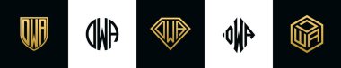 İlk harfler DWA logosu Bundle dizayn eder. Bu set Shield, Rounded, iki Diamond ve Hexgon stili içeriyordu.