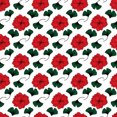 Kırmızı Begonya ve Yaprak Kusursuz Desen Tasarımı