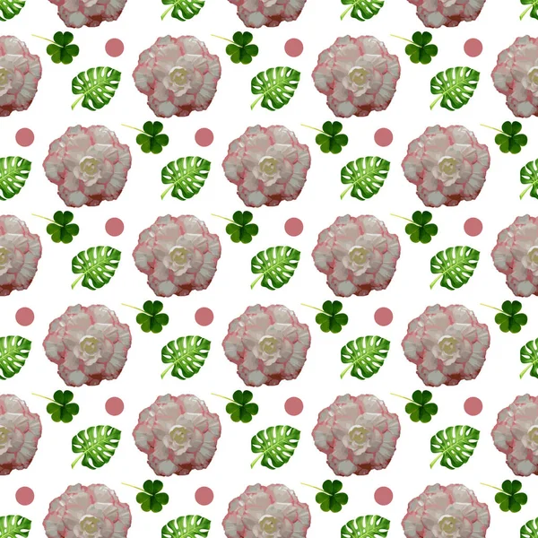 Begonia Flower Leaf Dot Seamless Pattern Design — стоковый вектор