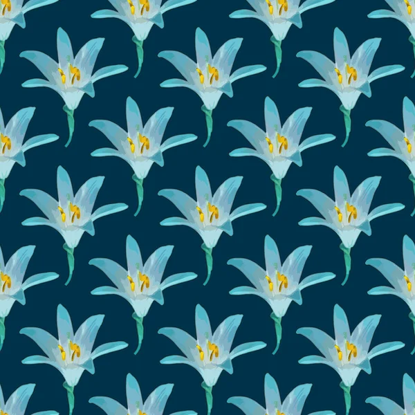 Cyan Lily Flower Seamless Pattern Design — Stockvektor