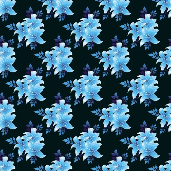 Cyan Lily Flower Branch Blue Background Seamless Pattern Design — Image vectorielle