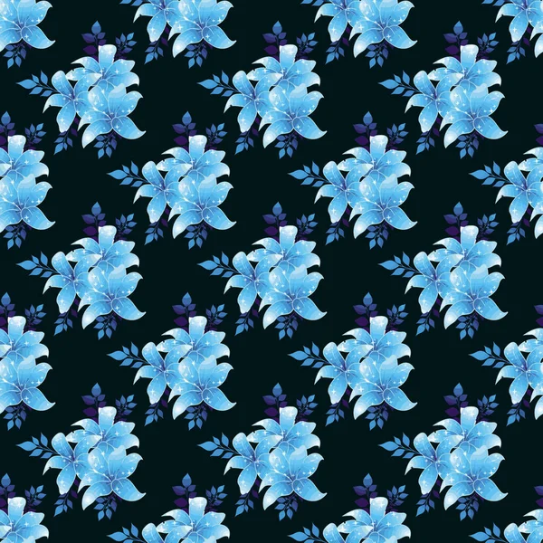 Flor Lirio Cian Rama Fondo Azul Diseño Patrón Sin Costuras — Vector de stock