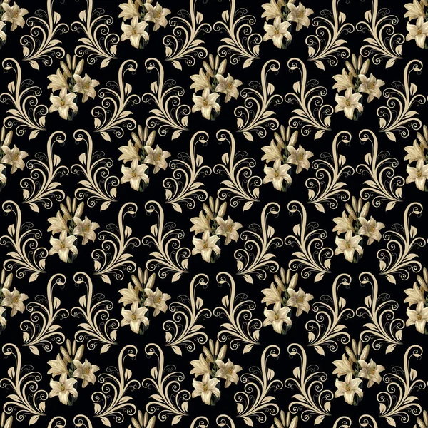 Golden Lily Flower Ornament Seamless Pattern Design — Image vectorielle