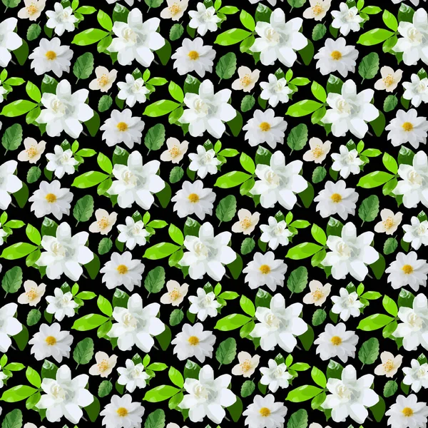 Jasmine Flower Branch Leaf Black Background Seamless Pattern Design — Stock Vector