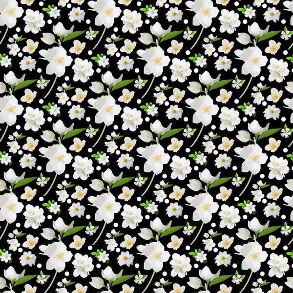 Jasmine Flower Bud Dot Leaf Black Background Seamless Pattern Design — Stockvektor