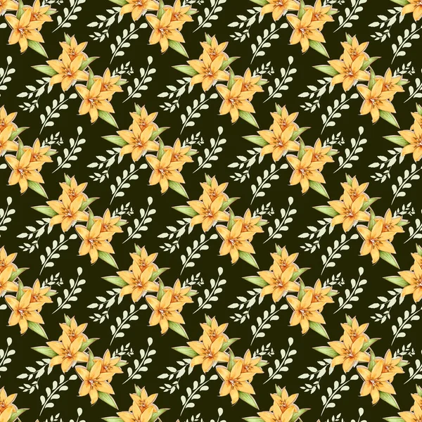 Lily Flower Bouquet Leaf Doddle Seamless Pattern Design — Image vectorielle