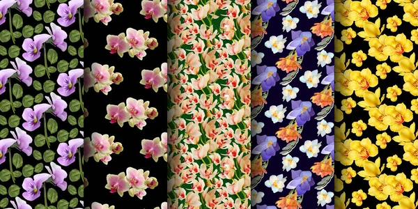 Orchid Flower Branch Leaf Seamless Pattern Design Bundle — Image vectorielle