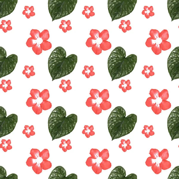 Red Watercolor Begonia Flower Leaf Seamless Pattern Design — Vector de stock