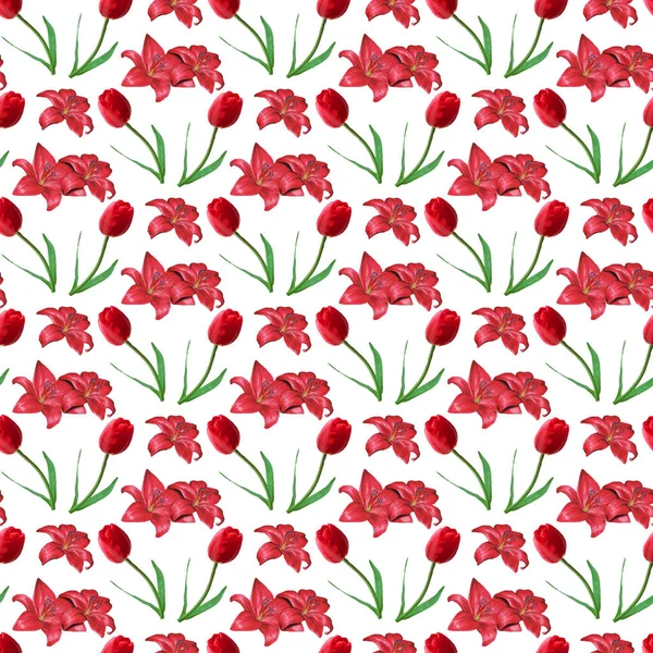 Red Lily Flower Buds Seamless Pattern Design — Vector de stock