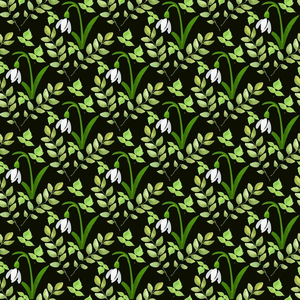 Snowdrop Flower Leaf Seamless Pattern Design — Stockvektor