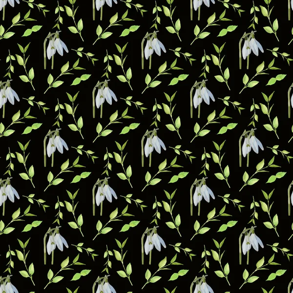 Snowdrop Flower Leaf Seamless Pattern Design — 图库矢量图片