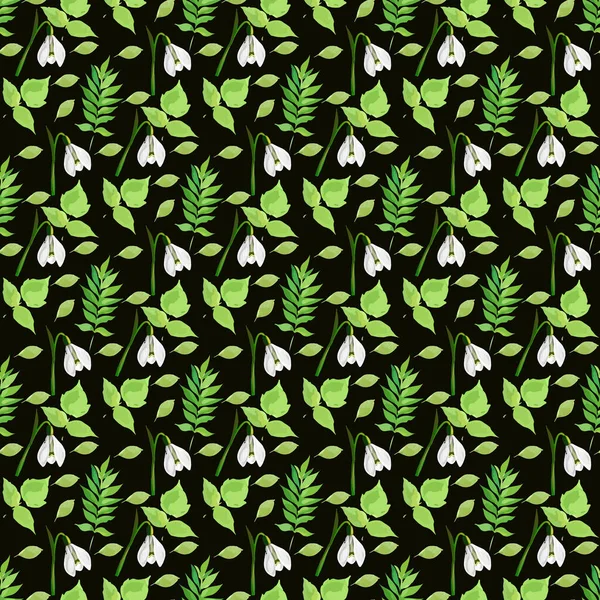 Snowdrop Flower Leaf Seamless Pattern Design — 图库矢量图片