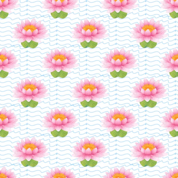 Water Color Waterlily Flower Leaf Zig Zag Line Seamless Pattern — стоковый вектор