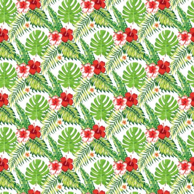 tropical leaf white background palm and alblscus monstera white background Seamless Pattern Design