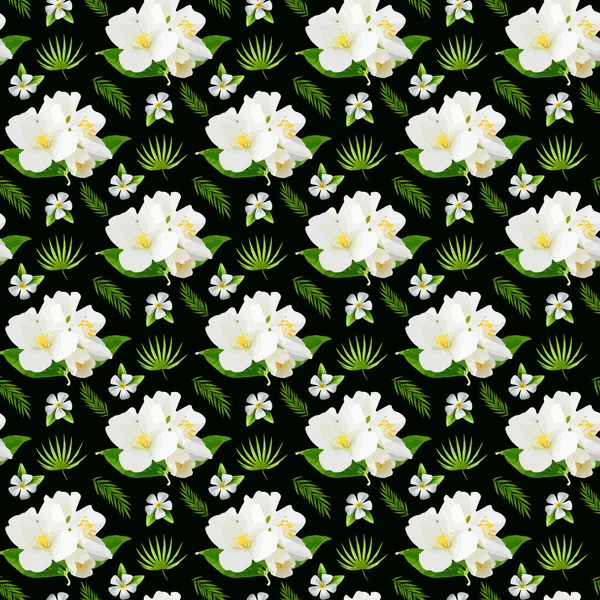 Jasmine Flower Leaf Black Background Seamless Pattern Design — Stockvektor