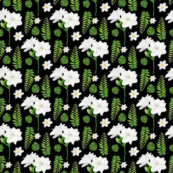 Jasmine Flower Branch Leaf Black Background Seamless Pattern Design — Stockvektor