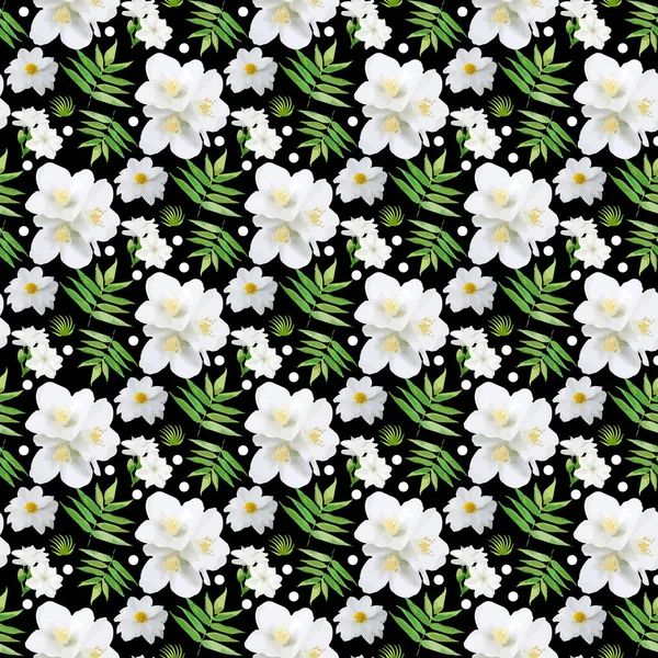 Jasmine Flower Bud Branch Leaf Black Background Seamless Pattern Design — Stockvektor