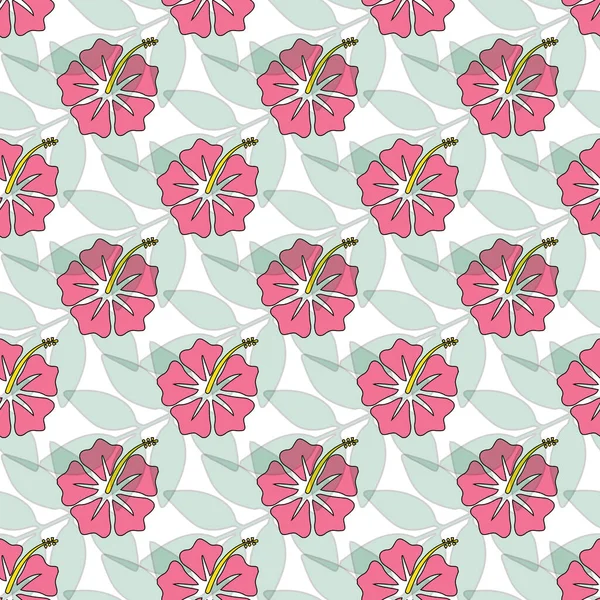 Red Hibiscus Flower Leaf White Background Seamless Pattern Design — Image vectorielle