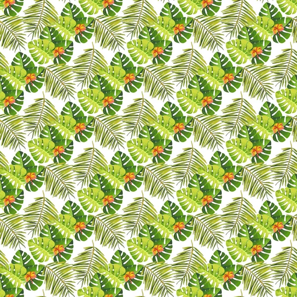 Tropical Monstera Coconut Alblscus Leaf White Background Seamless Pattern Design — Stockový vektor