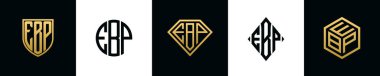İlk harfler EBP logosu Bundle dizayn eder. Bu koleksiyon kalkan, yuvarlak, elmas, dikdörtgen ve altıgen stil logoyla birleştirilmiştir. Vektör şablonu