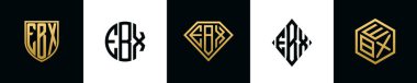 İlk harfler EBX logosu Bundle dizayn eder. Bu koleksiyon kalkan, yuvarlak, elmas, dikdörtgen ve altıgen stil logoyla birleştirilmiştir. Vektör şablonu