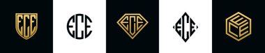 İlk harfler ECE logosu Bundle dizayn eder. Bu koleksiyon kalkan, yuvarlak, elmas, dikdörtgen ve altıgen stil logoyla birleştirilmiştir. Vektör şablonu