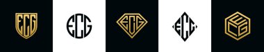 İlk harfler ECG logosu Bundle dizayn eder. Bu koleksiyon kalkan, yuvarlak, elmas, dikdörtgen ve altıgen stil logoyla birleştirilmiştir. Vektör şablonu