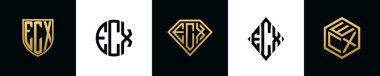 İlk harfler ECX logosu Bundle dizayn eder. Bu koleksiyon kalkan, yuvarlak, elmas, dikdörtgen ve altıgen stil logoyla birleştirilmiştir. Vektör şablonu