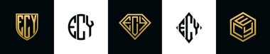 İlk harfler ECY logosu Bundle dizayn eder. Bu koleksiyon kalkan, yuvarlak, elmas, dikdörtgen ve altıgen stil logoyla birleştirilmiştir. Vektör şablonu