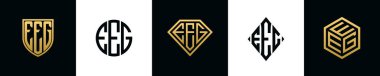 Baş harfler EEG logosu Bundle dizayn eder. Bu koleksiyon kalkan, yuvarlak, elmas, dikdörtgen ve altıgen stil logoyla birleştirilmiştir. Vektör şablonu