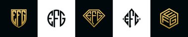 İlk harfler EFG logosu Bundle dizayn eder. Bu koleksiyon kalkan, yuvarlak, elmas, dikdörtgen ve altıgen stil logoyla birleştirilmiştir. Vektör şablonu