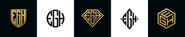 İlk harfler EGH logosu demet dizayn eder. Bu koleksiyon kalkan, yuvarlak, elmas, dikdörtgen ve altıgen stil logoyla birleştirilmiştir. Vektör şablonu
